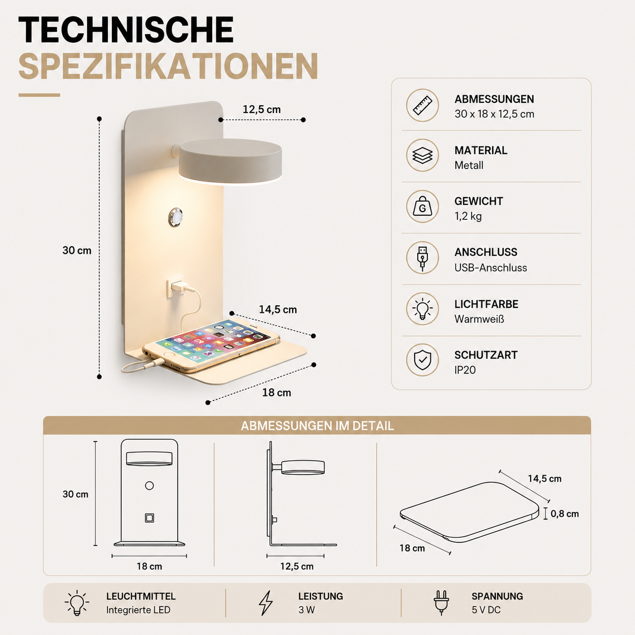 LED Wandlampe mit USB-Ladefunktion & Handyablage