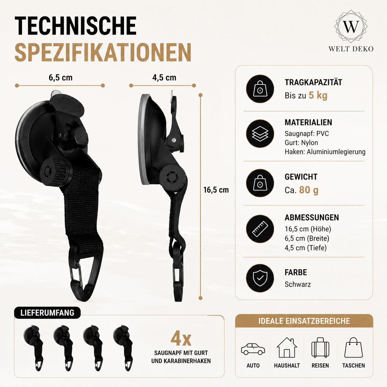 4er Satz Auto Saugnapf-Haken für Camping & Markisen