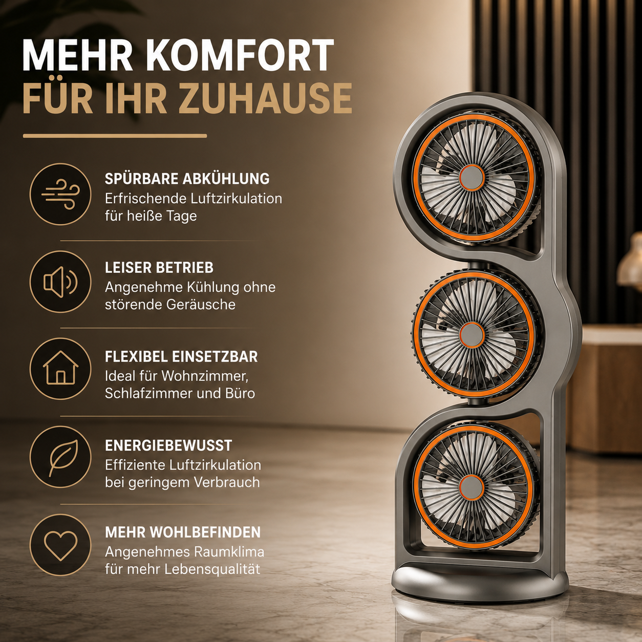Tragbarer USB Ventilator mit 3 Köpfen & 5 Stufen Kühlung