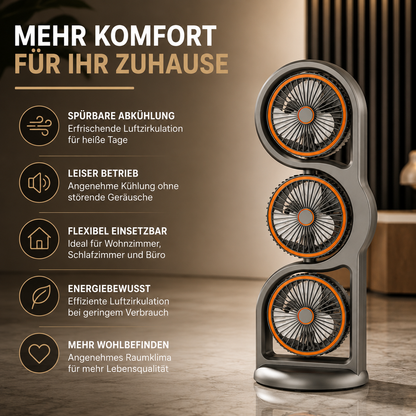 Tragbarer USB Ventilator mit 3 Köpfen & 5 Stufen Kühlung