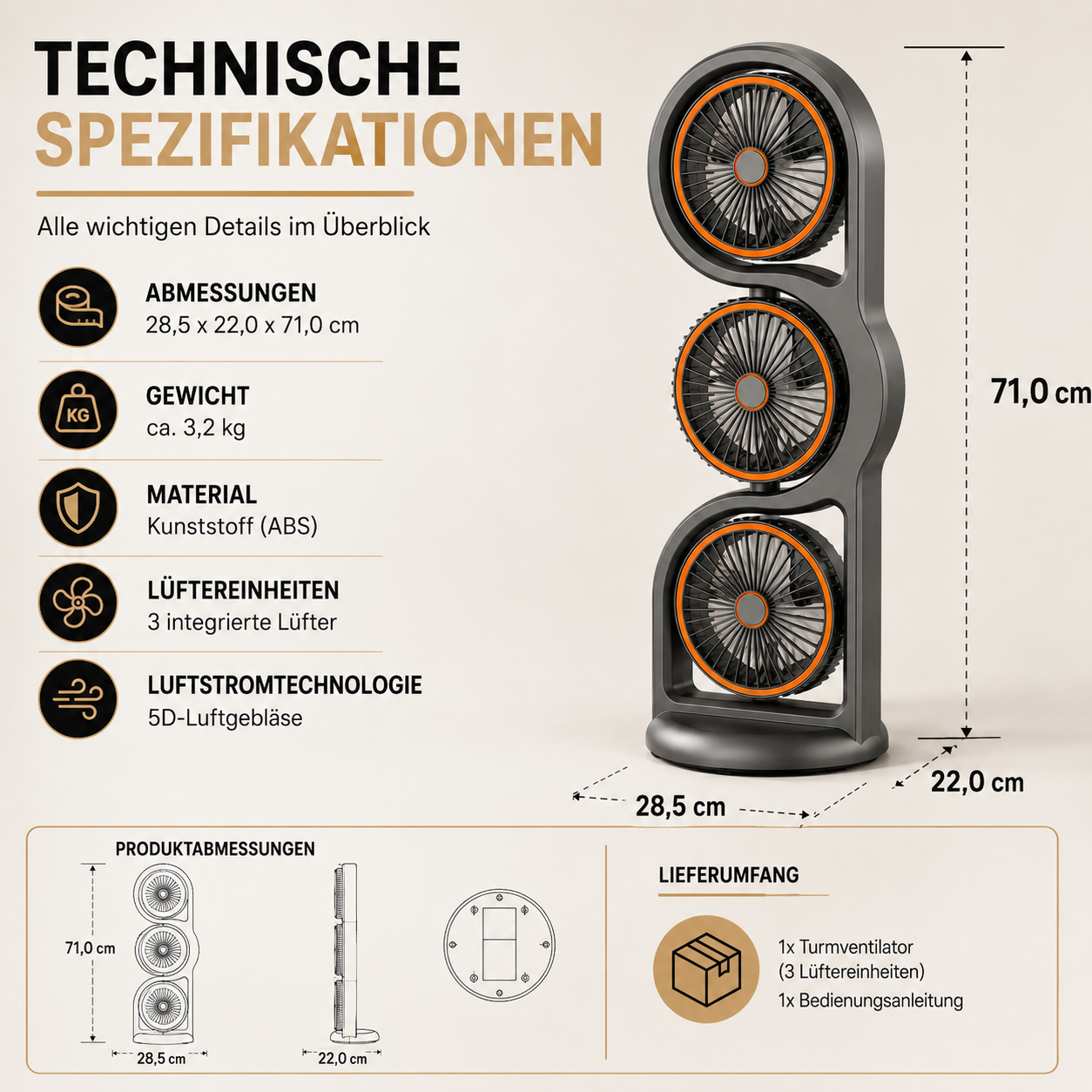 Tragbarer USB Ventilator mit 3 Köpfen & 5 Stufen Kühlung