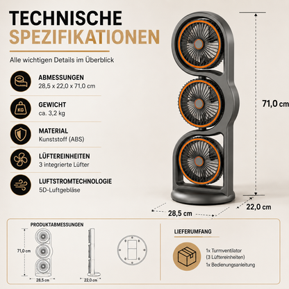 Tragbarer USB Ventilator mit 3 Köpfen & 5 Stufen Kühlung