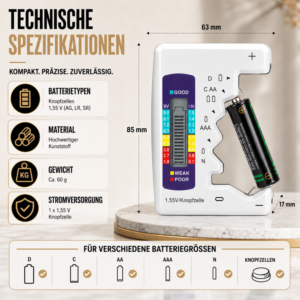 Digitaler Batterietester mit LCD für viele Batterietypen