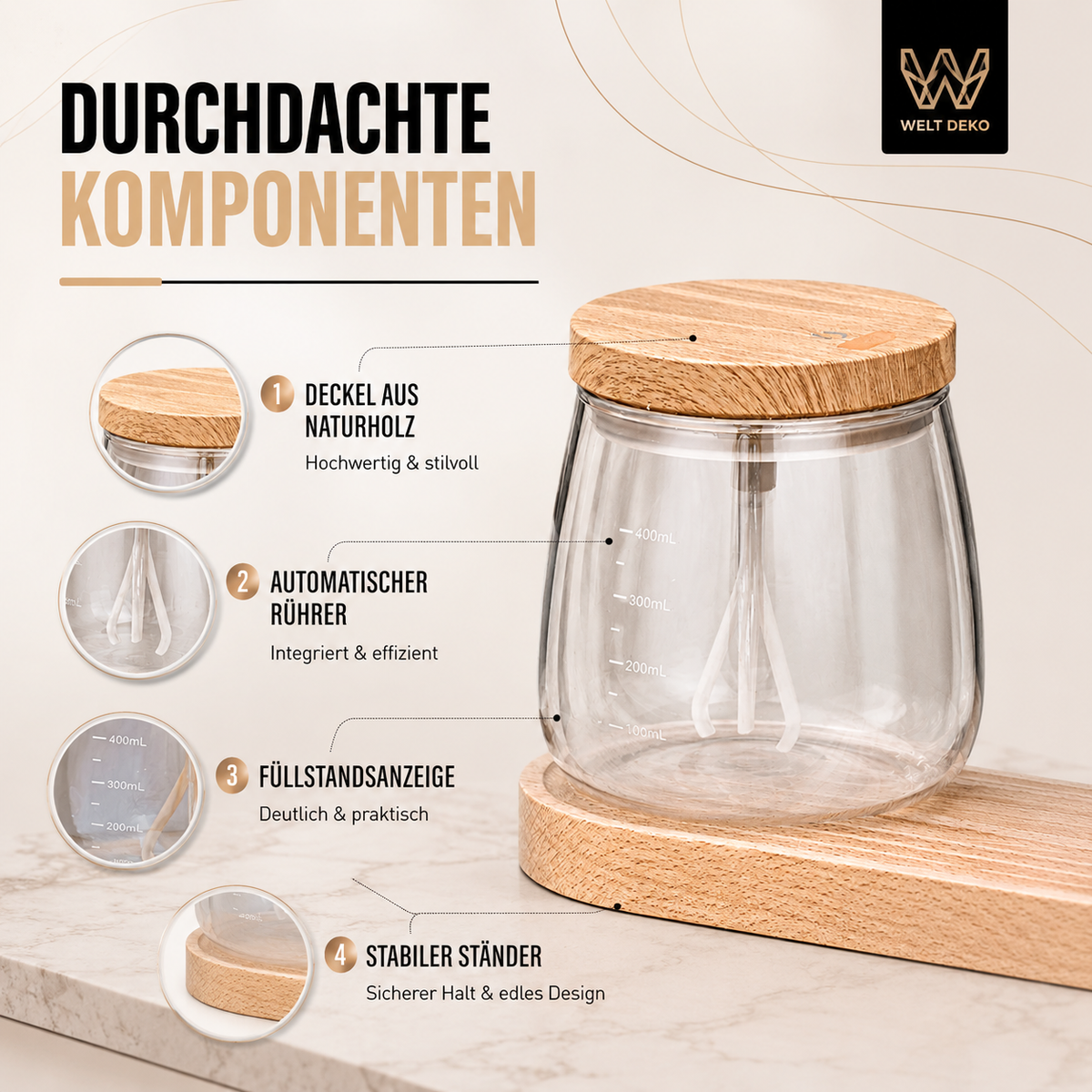 Selbstumrührender Kaffeebecher 400 ml – Elektrischer Rührbecher für Kaffee, Tee & Kakao