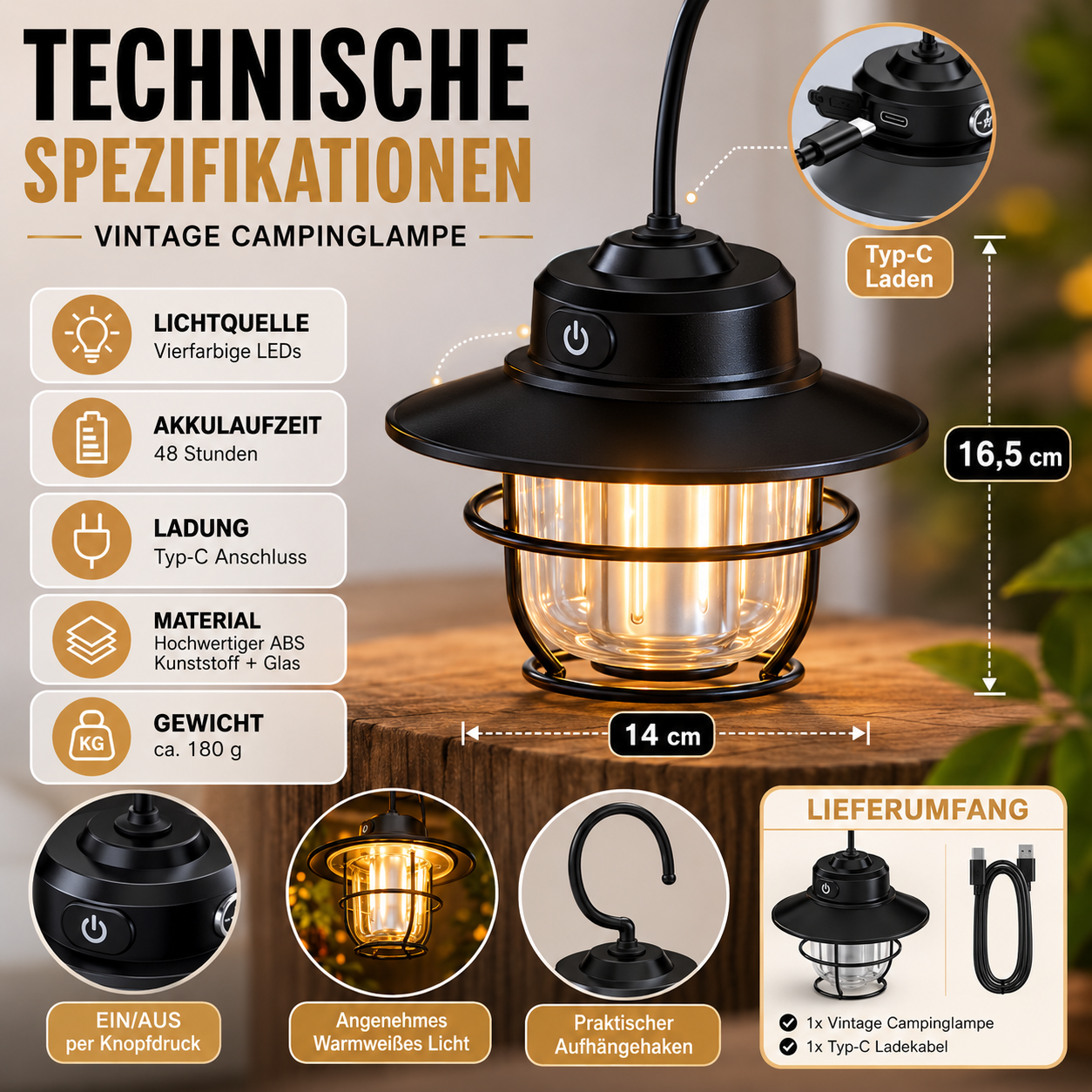 Retro LED Campinglampe – dimmbar & wiederaufladbar