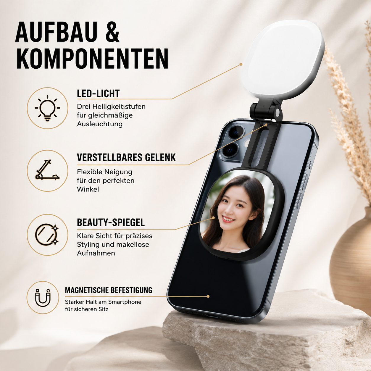 2-in-1 Selfie-Spiegel mit LED-Licht – Magnetisch & Verstellbar