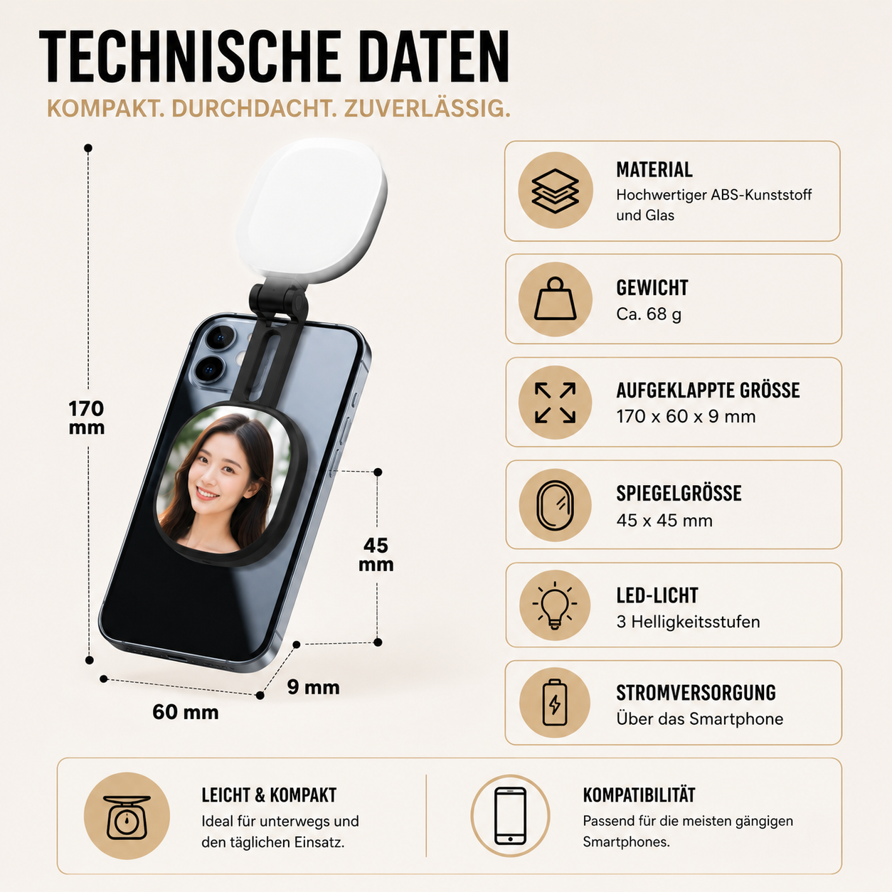 2-in-1 Selfie-Spiegel mit LED-Licht – Magnetisch & Verstellbar