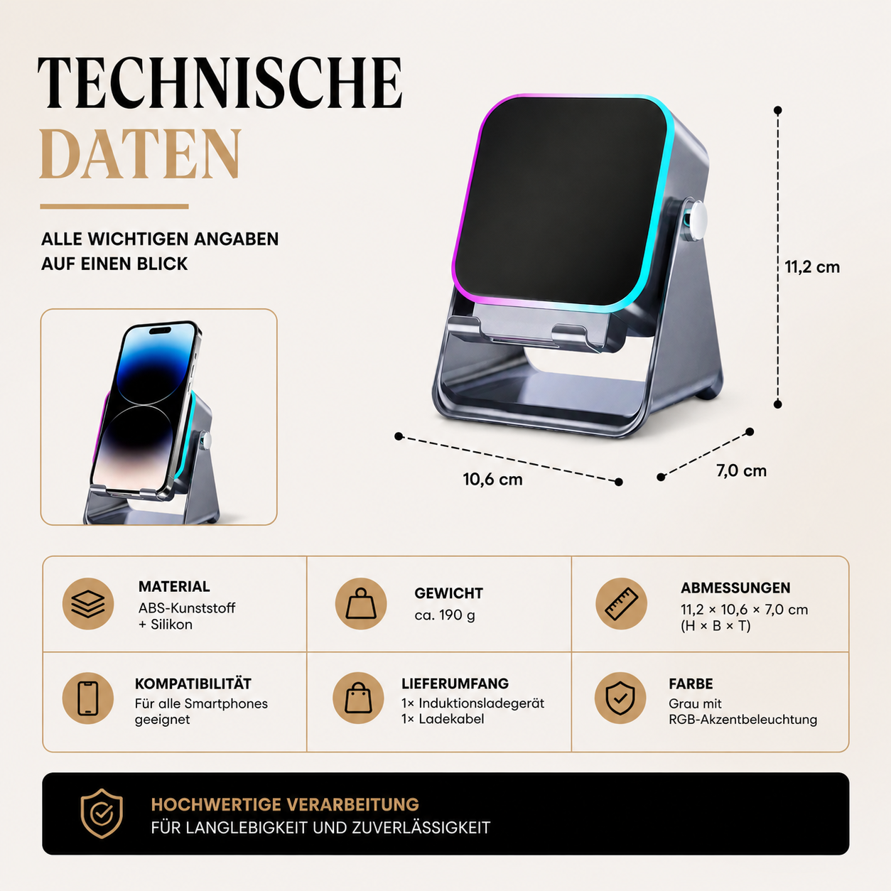 2-in-1 Bluetooth-Lautsprecher mit LED-Beleuchtung & Smartphone-Halter