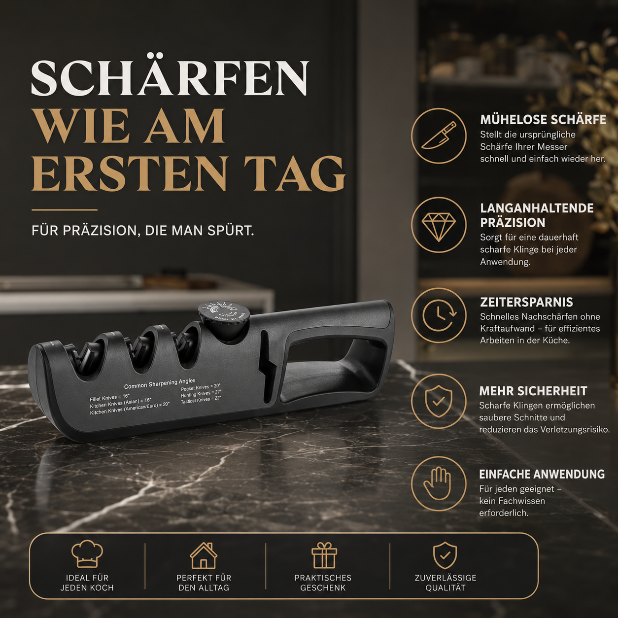 4-Stufen Messerschärfer mit einstellbarem Schleifwinkel