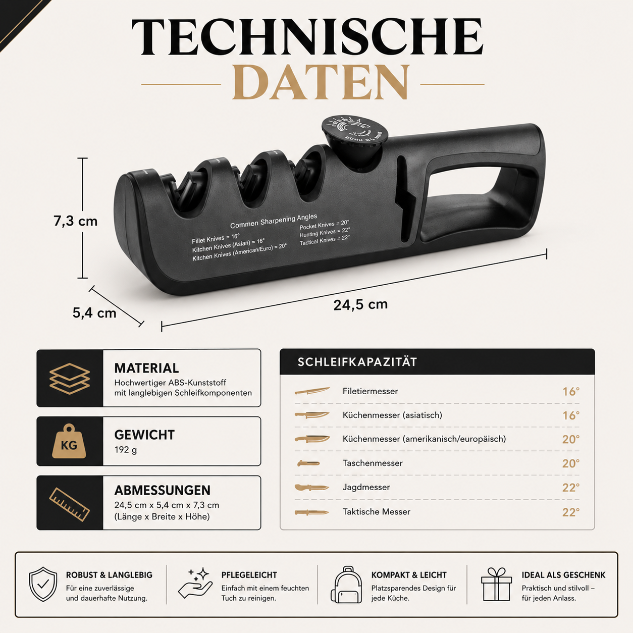 4-Stufen Messerschärfer mit einstellbarem Schleifwinkel