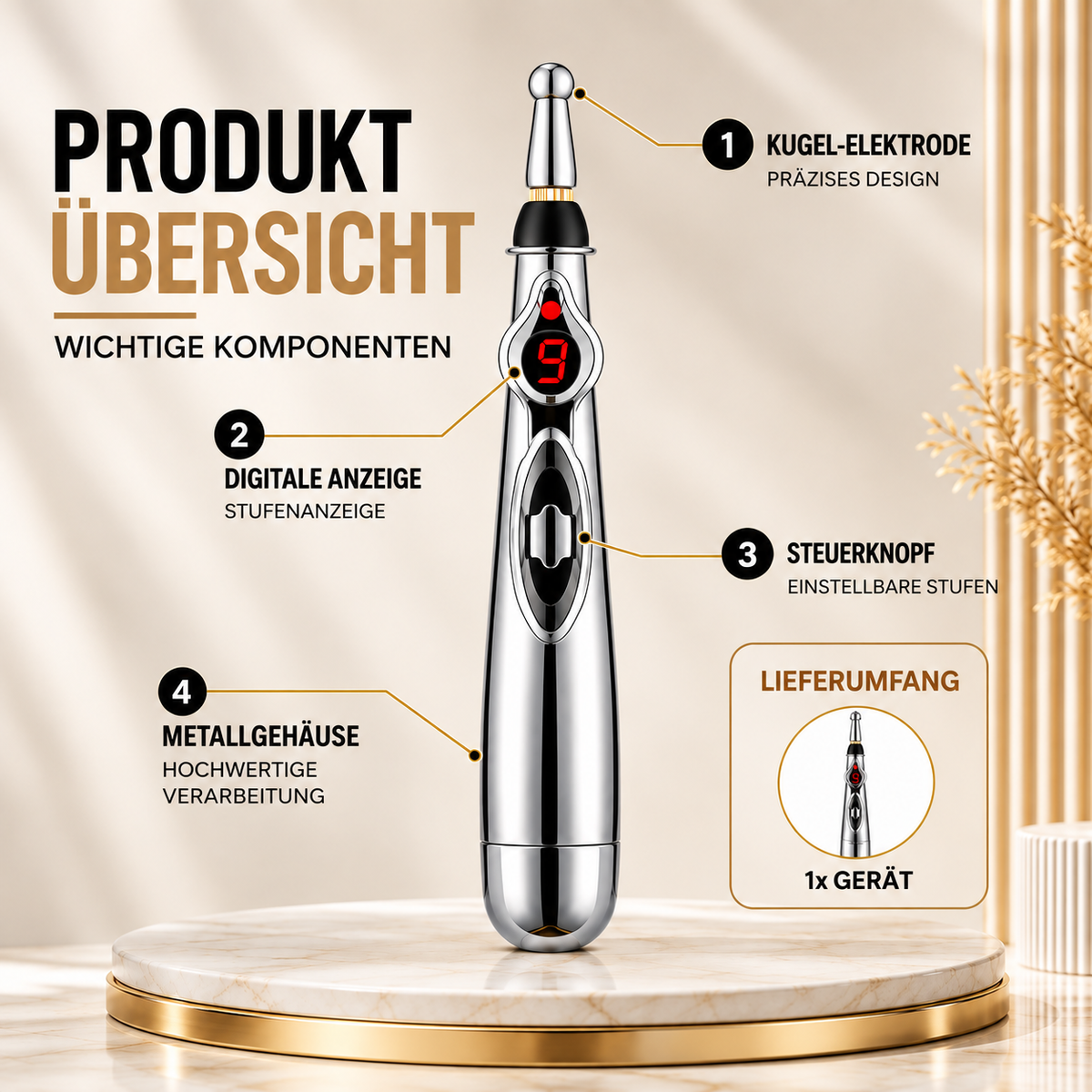 Elektronischer Akupunktur-Massagestift mit 5 Aufsätzen – Tragbares Körpermassagegerät
