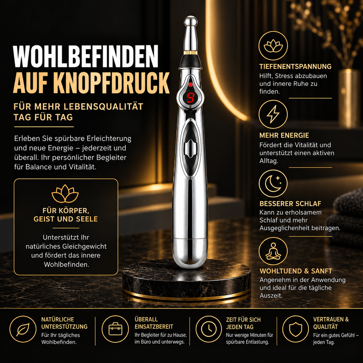 Elektronischer Akupunktur-Massagestift mit 5 Aufsätzen – Tragbares Körpermassagegerät