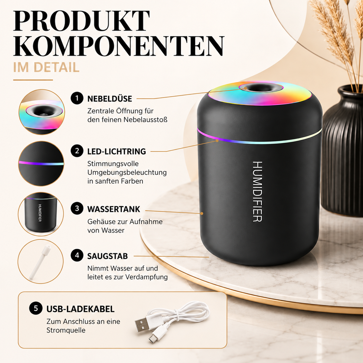 Kompakter USB-Luftbefeuchter mit LED-Beleuchtung – Für Zuhause & Auto