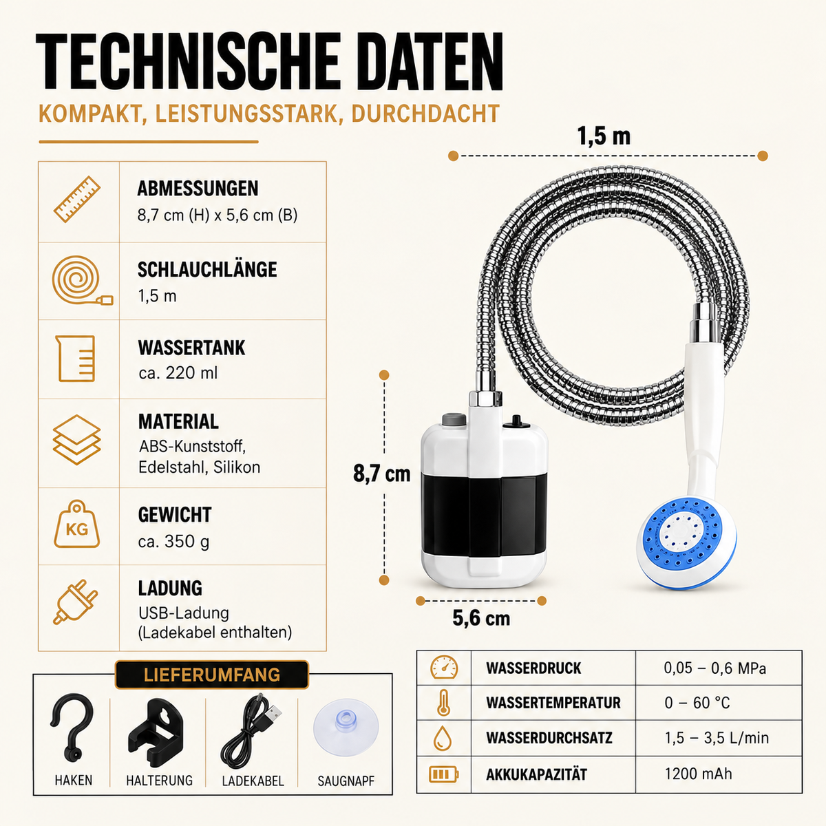 Wiederaufladbare Camping-Duschpumpe – Tragbares Im Freien-Duschsystem