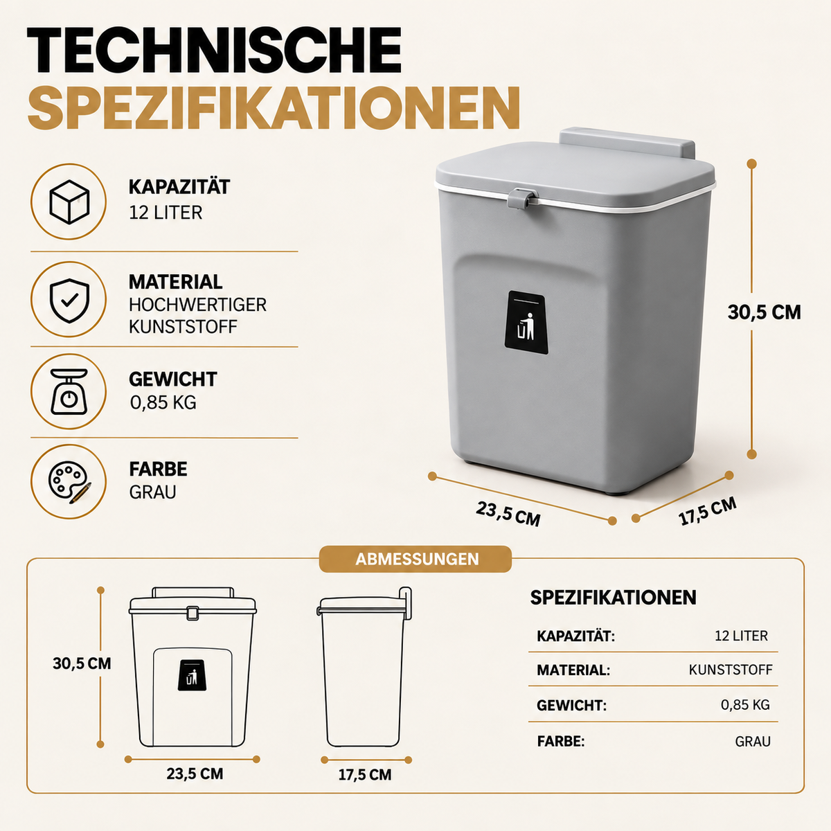 9-Liter-Abfalleimer mit Schiebedeckel – Kompakter Abfalleimer mit Geruchskontrolle