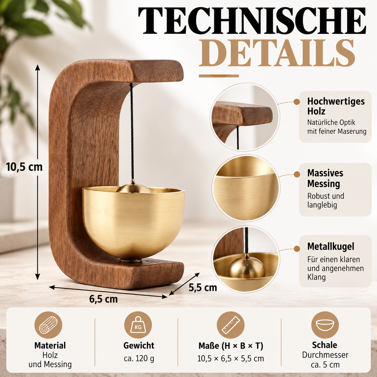Holz-Glocke mit goldfarbener Messingschale als dekorativer Akzent im Wohnbereich