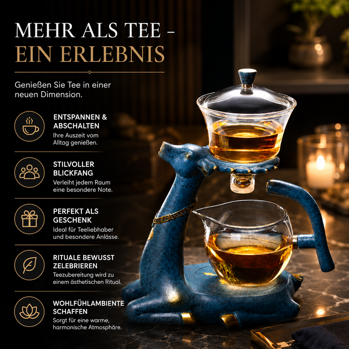 Infografik mit den wichtigsten Vorteilen der Glas-Teekanne wie hochwertiges Material, modernes Design und einfache Handhabung.