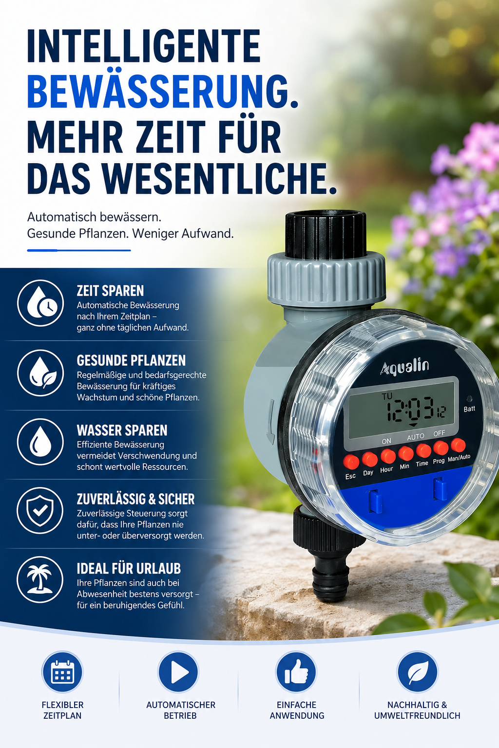 Digitale Bewässerungsuhr mit programmierbaren Bewässerungszeiten für eine zuverlässige und automatische Gartenbewässerung.