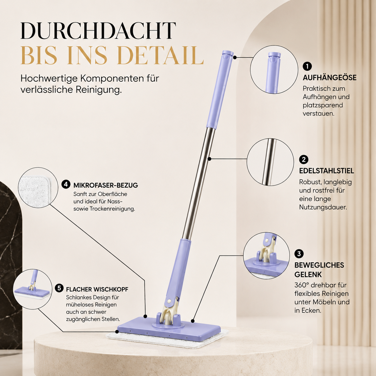 Jedes Detail dieses Flachwischers wurde für maximale Langlebigkeit und Komfort entwickelt. Der robuste Edelstahlstiel, das 360°-Gelenk, der weiche Mikrofaserbezug, der platzsparende Aufhängegriff und der flache Wischkopf sorgen für eine gründliche Reinigung – selbst an schwer erreichbaren Stellen.