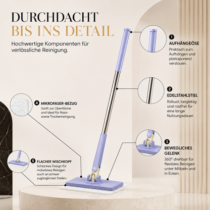 Jedes Detail dieses Flachwischers wurde für maximale Langlebigkeit und Komfort entwickelt. Der robuste Edelstahlstiel, das 360°-Gelenk, der weiche Mikrofaserbezug, der platzsparende Aufhängegriff und der flache Wischkopf sorgen für eine gründliche Reinigung – selbst an schwer erreichbaren Stellen.