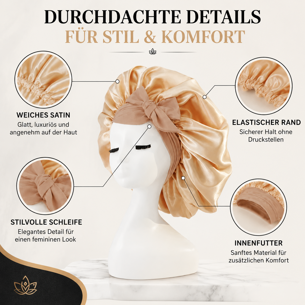 Jedes Detail dieser Satin-Schlafhaube wurde für maximalen Komfort und einen sicheren Sitz entwickelt. Das glatte Satinmaterial fühlt sich angenehm auf der Haut an, während der elastische Rand für zuverlässigen Halt ohne Druck sorgt.