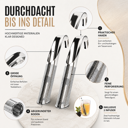 Jedes Detail dieses Edelstahl-Tee-Eis wurde für eine einfache und saubere Teezubereitung entwickelt. Die feine Perforierung hält selbst kleine Teeblätter zuverlässig zurück, während die große Öffnung das Befüllen erleichtert. Der praktische Haken sorgt für sicheren Halt am Tassenrand und der abgerundete Boden ermöglicht einen stabilen Stand. Im Set enthalten sind zwei langlebige Tee-Infuser für doppelten Teegenuss.