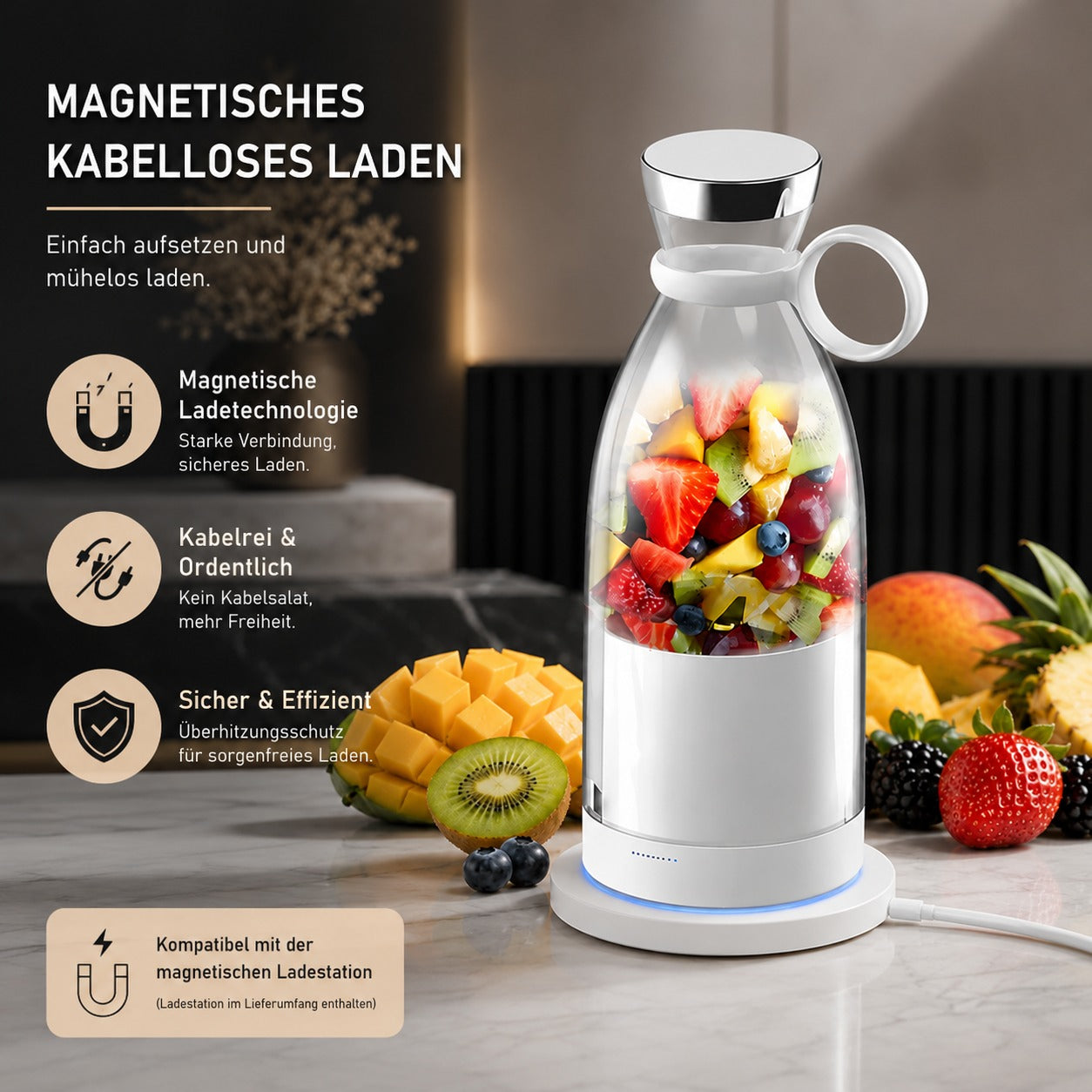 Frische Smoothies jederzeit genießen. Einfach auf die magnetische Ladestation stellen, kabellos laden und überall mitnehmen. Kompakt, leistungsstark und ideal für Zuhause, das Büro oder unterwegs.