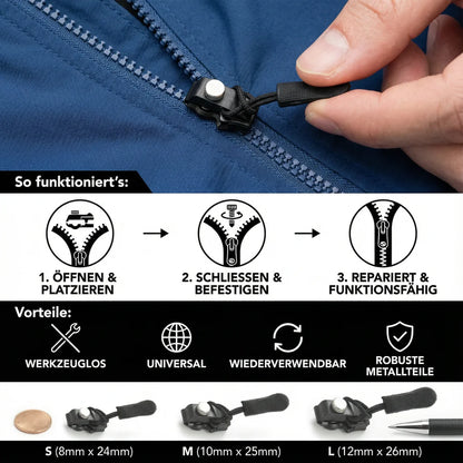 In wenigen Sekunden montiert – ganz ohne Werkzeug. Universell einsetzbar, wiederverwendbar und ideal für die schnelle Reparatur verschiedener Reißverschlüsse.