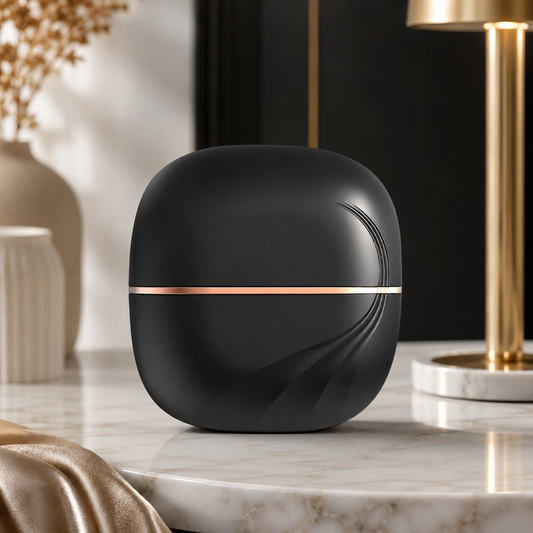 Moderner Aroma-Diffusor mit mattschwarzem Design und edlem Roségold-Akzent. Sorgt für eine entspannte Atmosphäre und passt perfekt in jedes stilvolle Zuhause.
