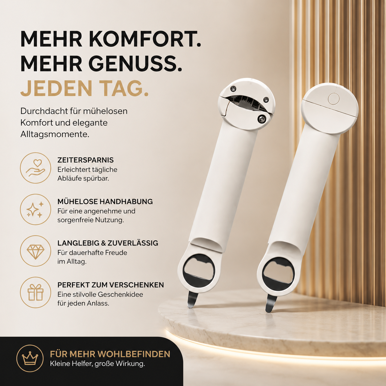 Stilvoller Multifunktions-Dosenöffner in Weiß mit ergonomischem Griff und integriertem Flaschenöffner. Perfekt für müheloses Öffnen von Dosen und Flaschen – eine praktische Ergänzung für jede moderne Küche.