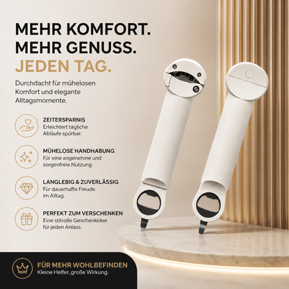 Stilvoller Multifunktions-Dosenöffner in Weiß mit ergonomischem Griff und integriertem Flaschenöffner. Perfekt für müheloses Öffnen von Dosen und Flaschen – eine praktische Ergänzung für jede moderne Küche.