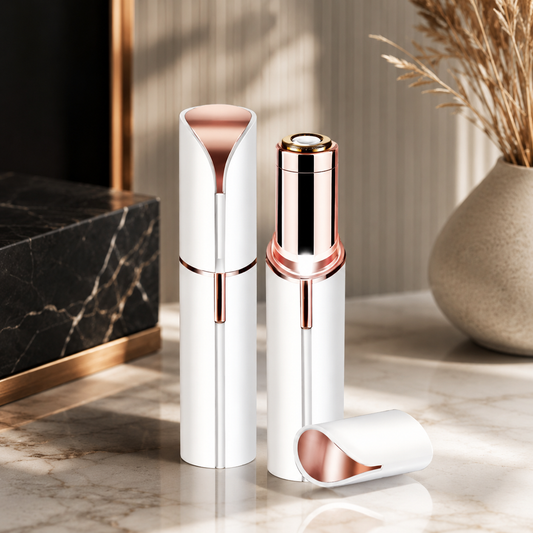 Eleganter elektrischer Gesichtshaarentferner in Weiß und Roségold für eine sanfte, schmerzfreie Haarentfernung. Das kompakte Design ist ideal für Oberlippe, Kinn und Wangen und passt perfekt in jede Handtasche.