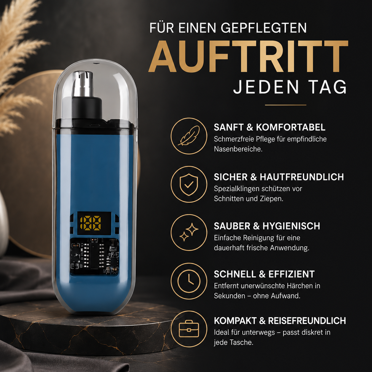 Moderner elektrischer Nasenhaartrimmer mit präziser Schneidleistung, hautfreundlichem Design und kompakter Bauweise. Ideal für eine schnelle, hygienische und komfortable Pflege – zu Hause und unterwegs.