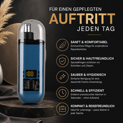 Moderner elektrischer Nasenhaartrimmer mit präziser Schneidleistung, hautfreundlichem Design und kompakter Bauweise. Ideal für eine schnelle, hygienische und komfortable Pflege – zu Hause und unterwegs.