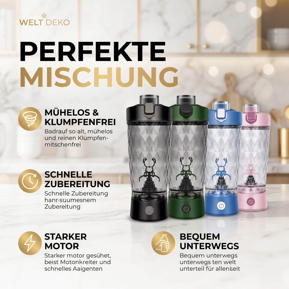 Schwarzer elektrischer Protein Shaker auf dekorativem Hintergrund für Proteinshakes und Smoothies