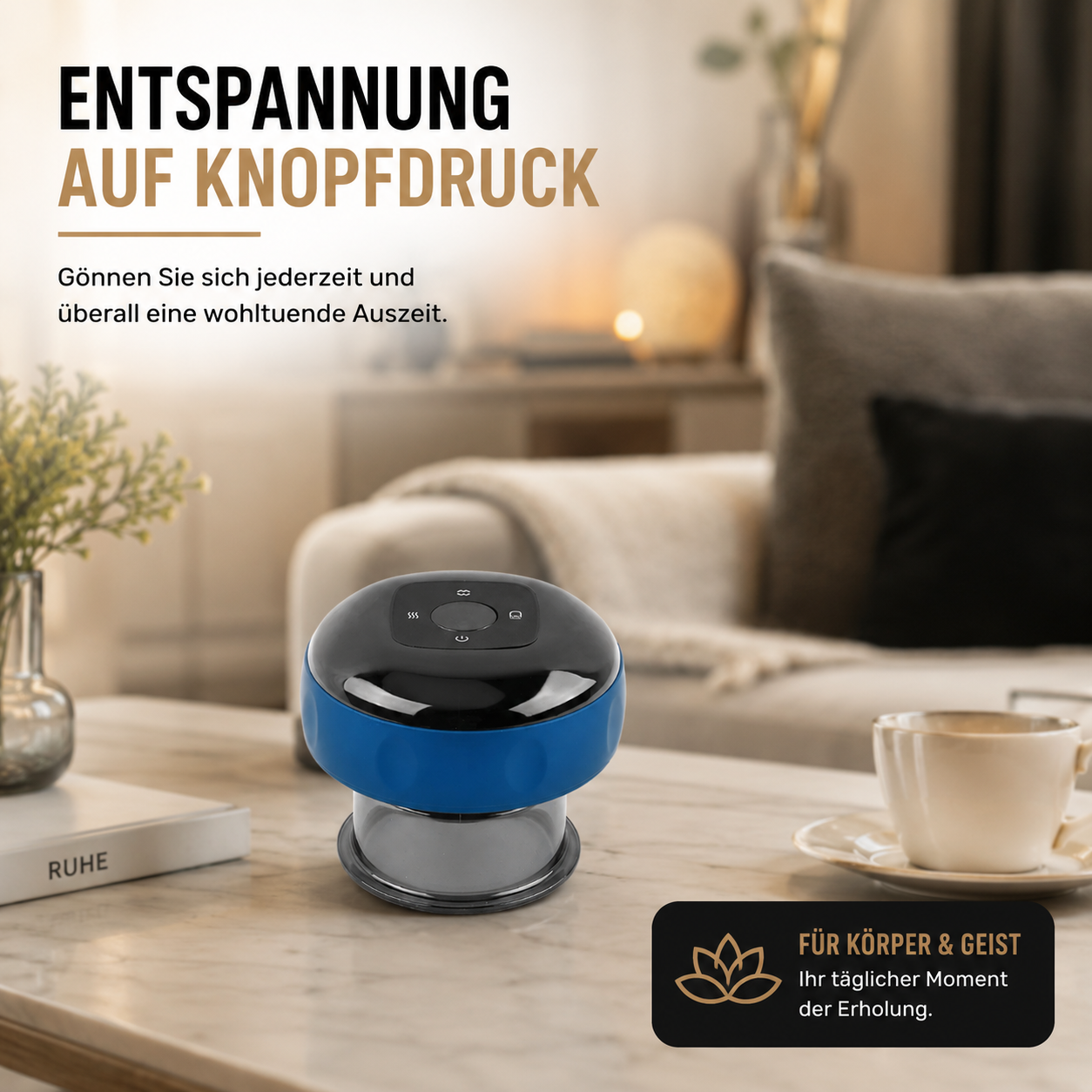Elektrisches Schröpfmassagegerät während einer entspannenden Massage im Nackenbereich