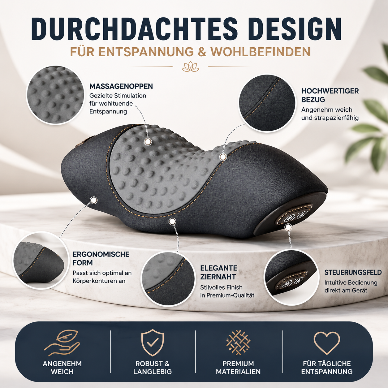 Darstellung des ergonomisch geformten Nackenstützkissens mit optimaler Unterstützung für Nacken und Schultern.