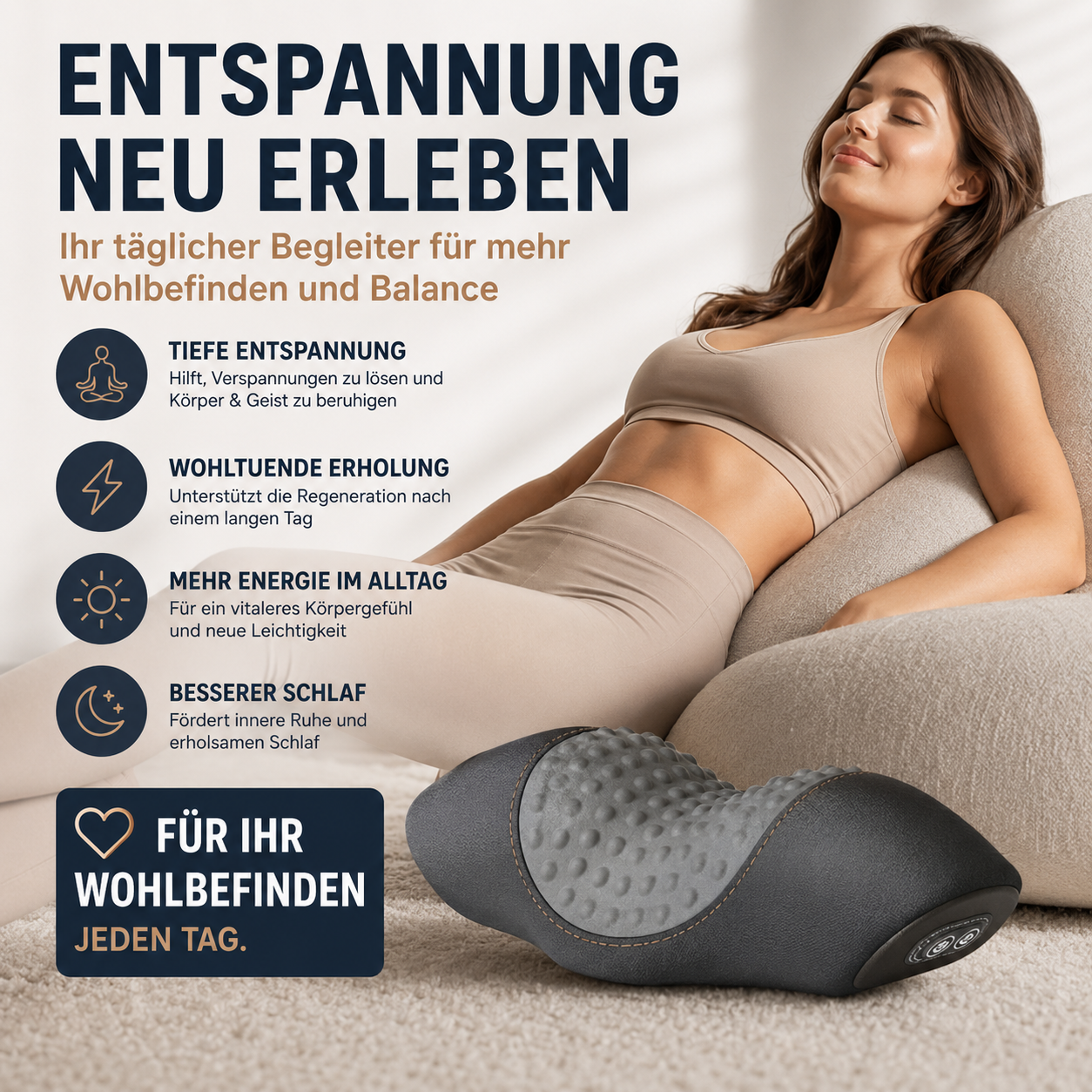 Person nutzt das ergonomische Nackenstützkissen zur Entspannung und komfortablen Unterstützung der Halswirbelsäule.