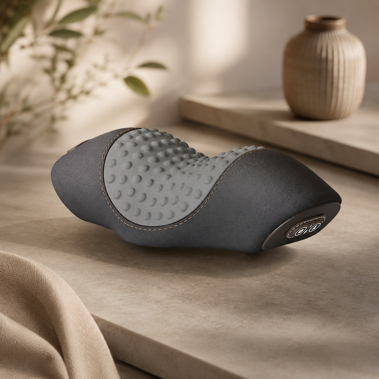 Ergonomisches Nackenstützkissen mit strukturierter Oberfläche auf einem Tisch zur Entspannung von Nacken und Schultern.