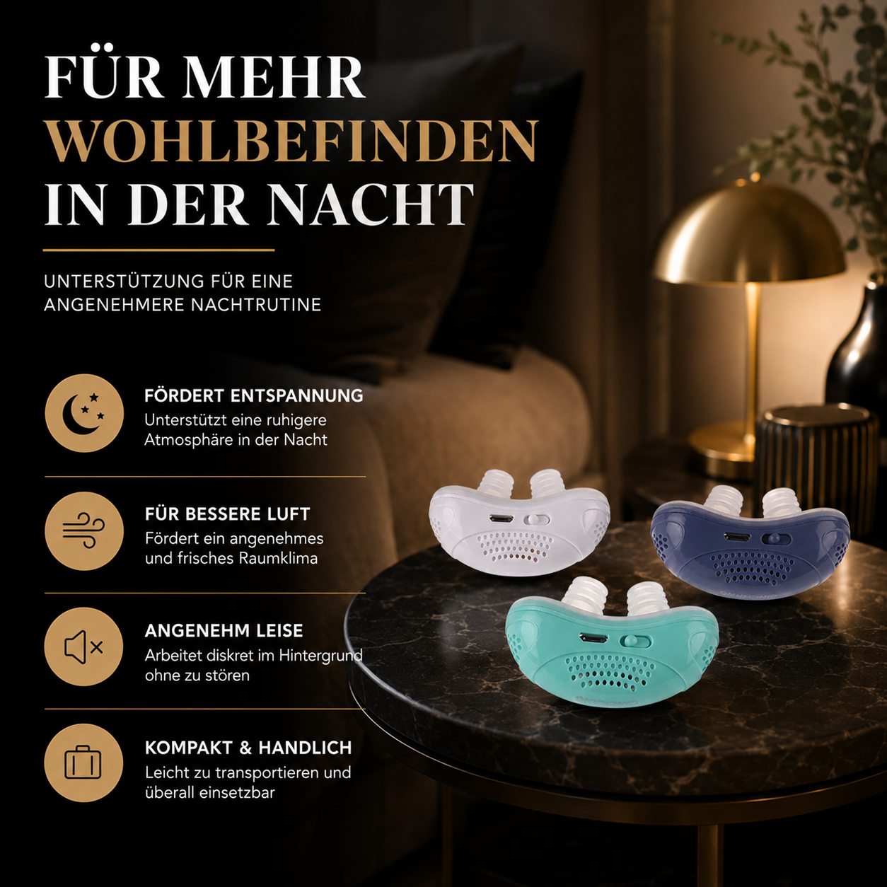 Dieses Bild präsentiert den elektrischen Nasenreiniger in drei modernen Farbvarianten – Weiß, Dunkelblau und Mintgrün – in einer stilvollen Schlafzimmerumgebung. Die warme Beleuchtung und das elegante Ambiente vermitteln Ruhe und Geborgenheit und unterstreichen den Einsatz des Produkts als Teil einer angenehmen Abendroutine.