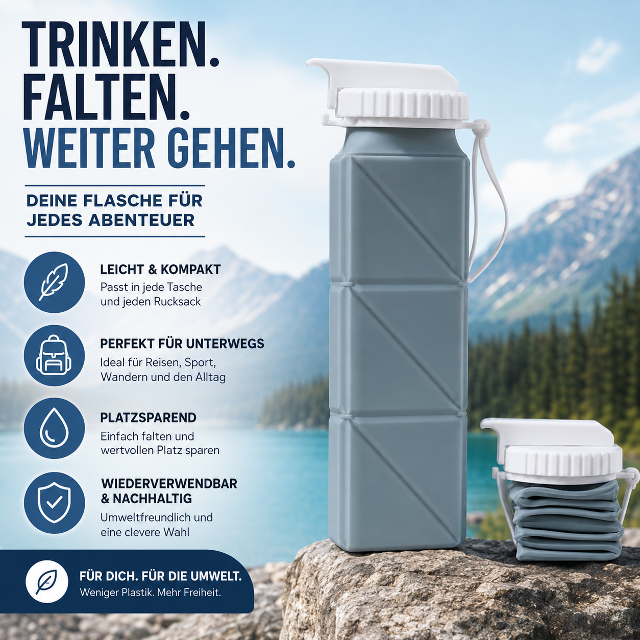 Faltbare Silikon-Trinkflasche beim Wandern und auf Outdoor-Abenteuern.