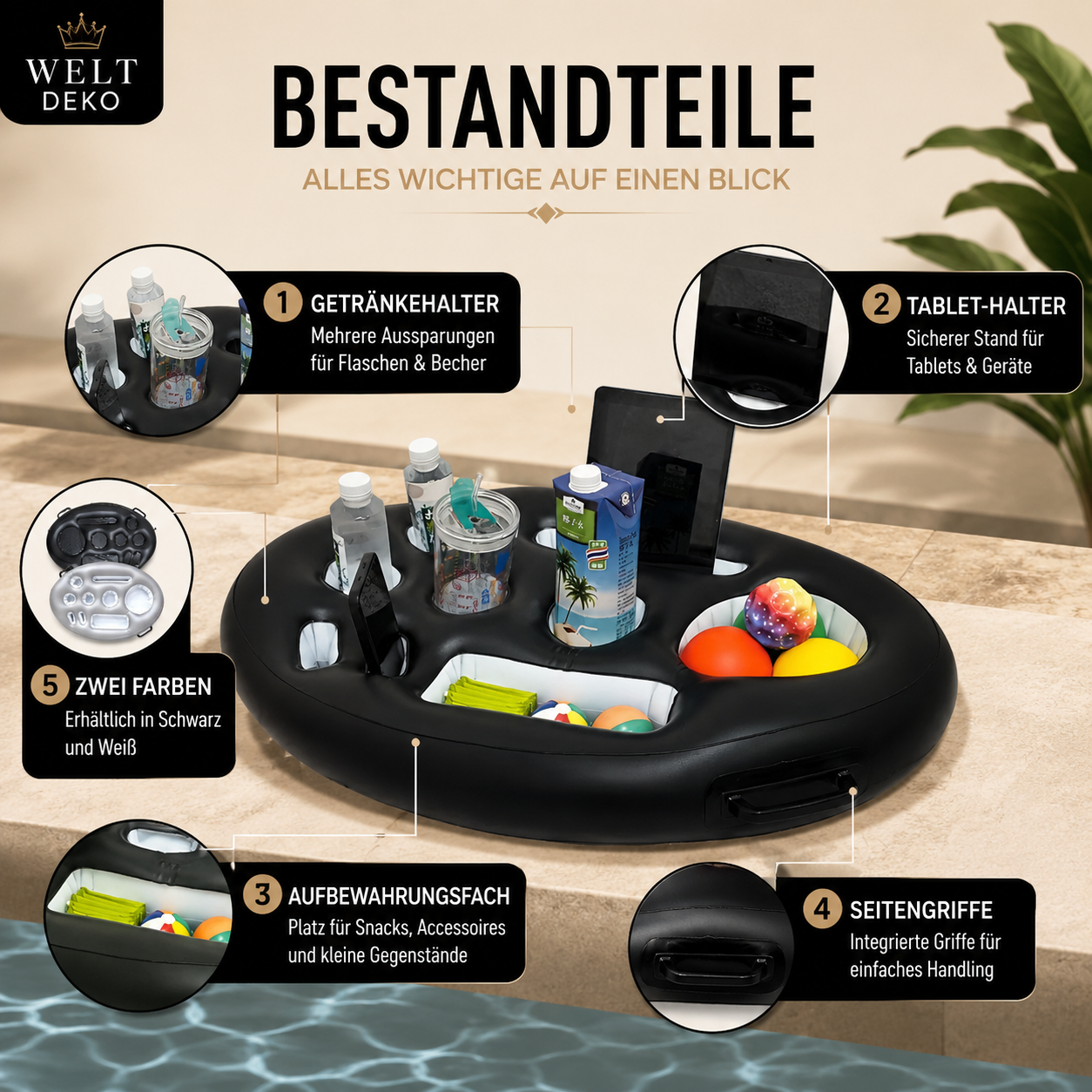 Inflatable floating drink tray with multiple cup holders, snack compartments, and durable PVC construction