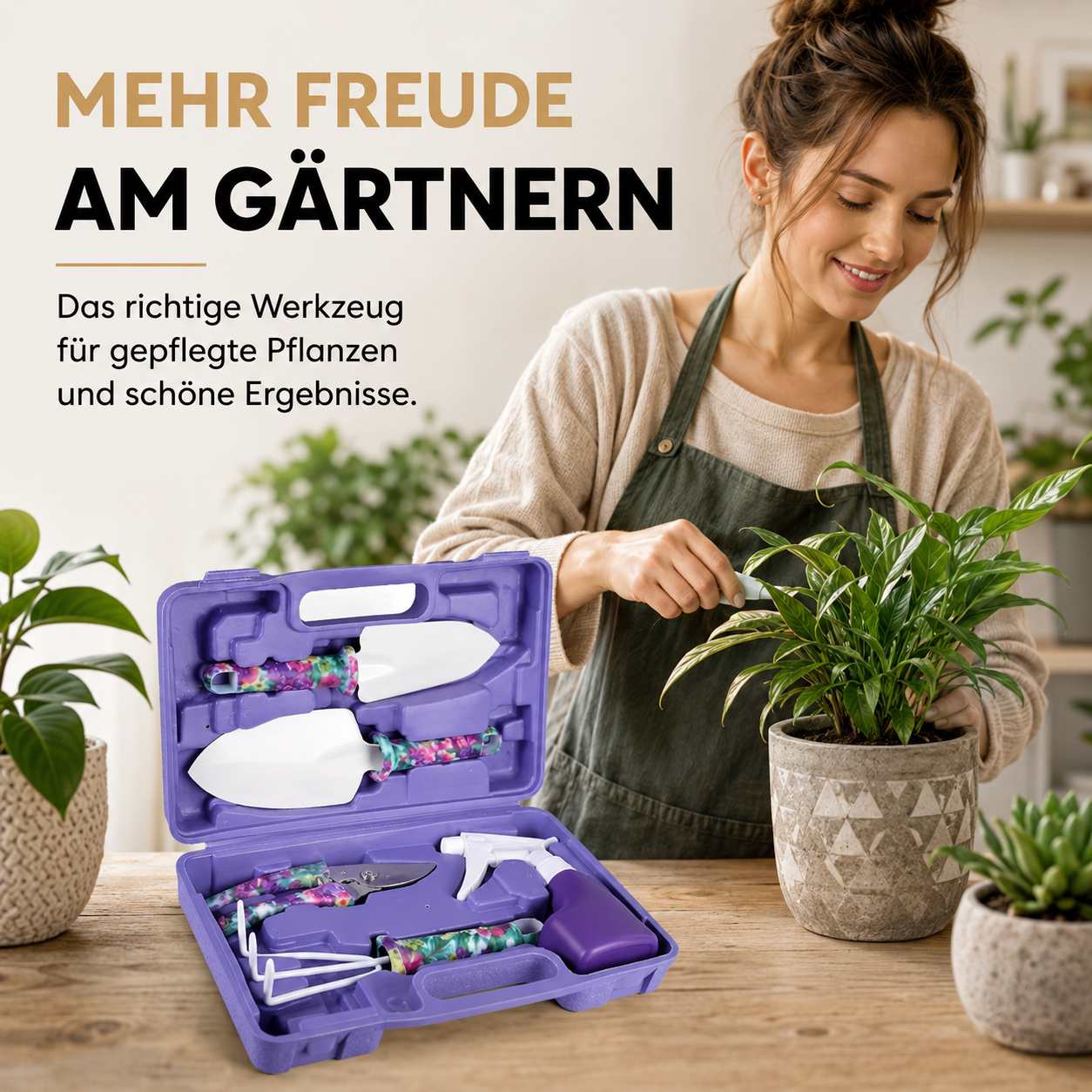 Person verwendet das Gartenwerkzeug-Set zum Umtopfen einer Zimmerpflanze.
