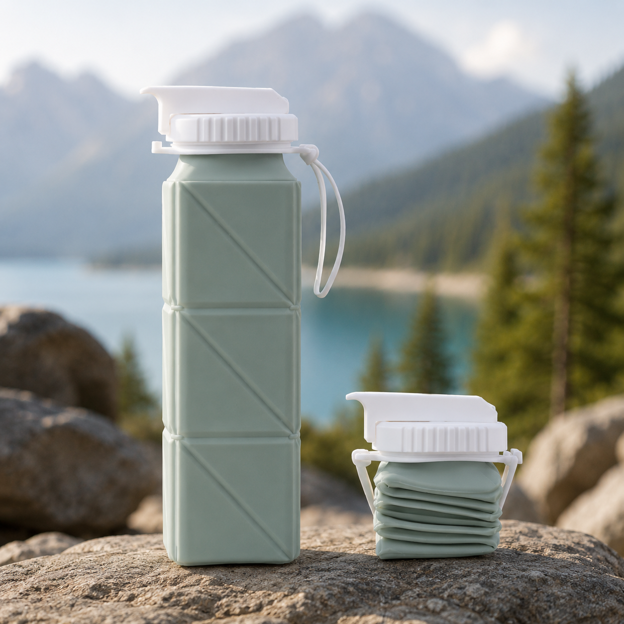 Grüne faltbare Silikon-Trinkflasche auf einem Felsen vor einer Bergkulisse.