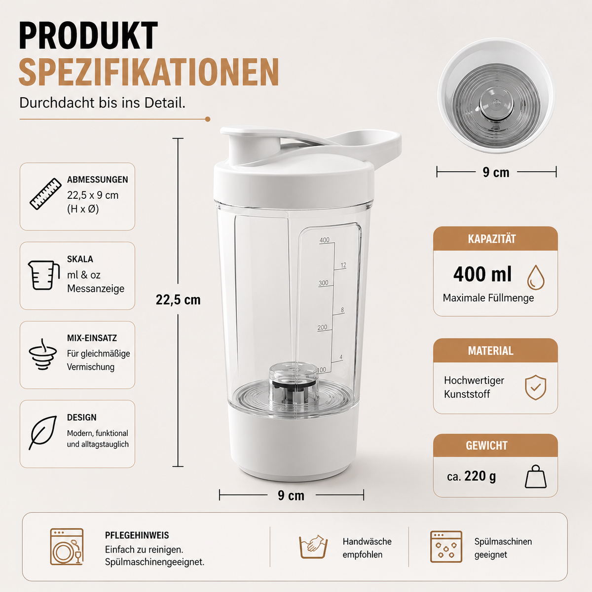 Elektrischer Shakerbecher mit frisch gemixtem grünem Smoothie