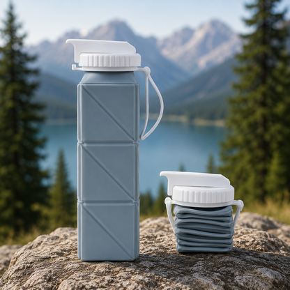 Hellblaue faltbare Silikon-Trinkflasche mit zusammengefaltetem Unterteil in einer Berglandschaft.