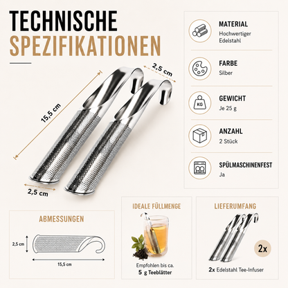 Der Edelstahl-Tee-Infuser überzeugt durch seine kompakte Größe und langlebige Verarbeitung. Mit einer Länge von 15,5 cm und einem fein perforierten Sieb eignet er sich ideal für losen Tee. Das Set enthält zwei spülmaschinenfeste Tee-Infuser, die jeweils eine empfohlene Füllmenge von bis zu 5 g Teeblättern aufnehmen – perfekt für eine aromatische Tasse Tee.