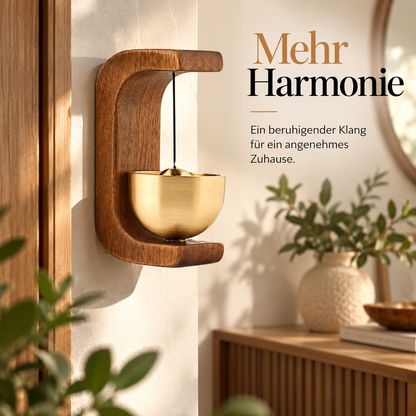 Technische Übersicht der Holz-Glocke mit Messingschale und Produktdetails