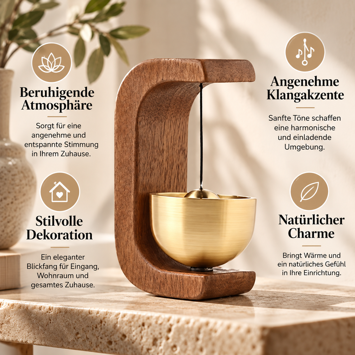 Holz-Glocke mit Messingschale und Detailansicht der verwendeten Materialien