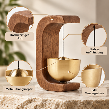 Detailansicht der dekorativen Holzglocke mit Messingschale und Aufhängung